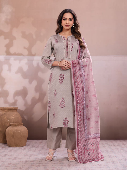 Women Ethnic Motifs Printed Regular Thread Work Chanderi Cotton Kurta with Trousers &