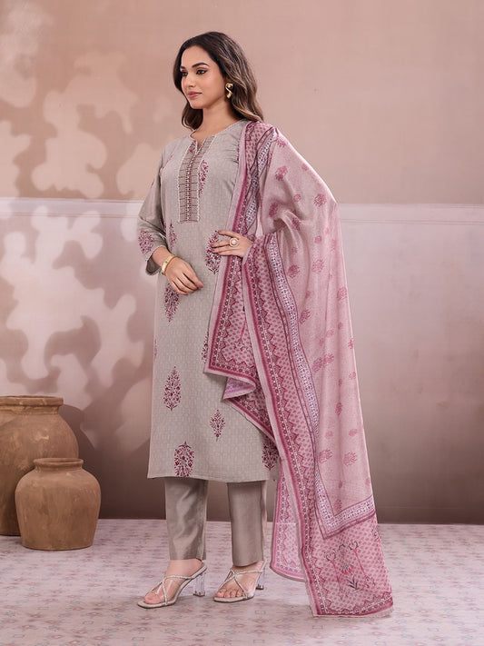 Women Ethnic Motifs Printed Regular Thread Work Chanderi Cotton Kurta with Trousers &