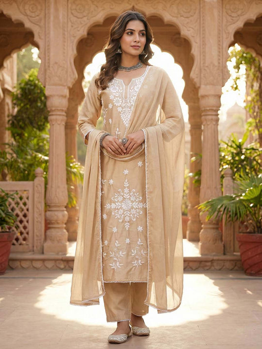 Ethnic Motifs Embroidered Thread Work Chanderi Cotton Kurta & Trousers