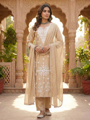 Ethnic Motifs Embroidered Thread Work Chanderi Cotton Kurta & Trousers