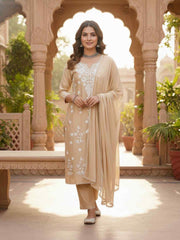 Ethnic Motifs Embroidered Thread Work Chanderi Cotton Kurta & Trousers