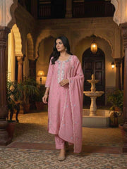 Women Ethnic Motifs Embroidered Regular Thread Work Chanderi Cotton Kurta with Trousers &