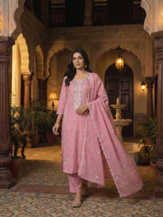 Women Ethnic Motifs Embroidered Regular Thread Work Chanderi Cotton Kurta with Trousers &