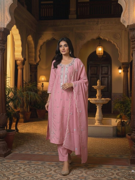 Women Ethnic Motifs Embroidered Regular Thread Work Chanderi Cotton Kurta with Trousers &