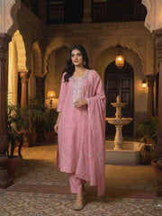 Women Ethnic Motifs Embroidered Regular Thread Work Chanderi Cotton Kurta with Trousers &