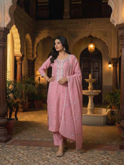 Women Ethnic Motifs Embroidered Regular Thread Work Chanderi Cotton Kurta with Trousers &