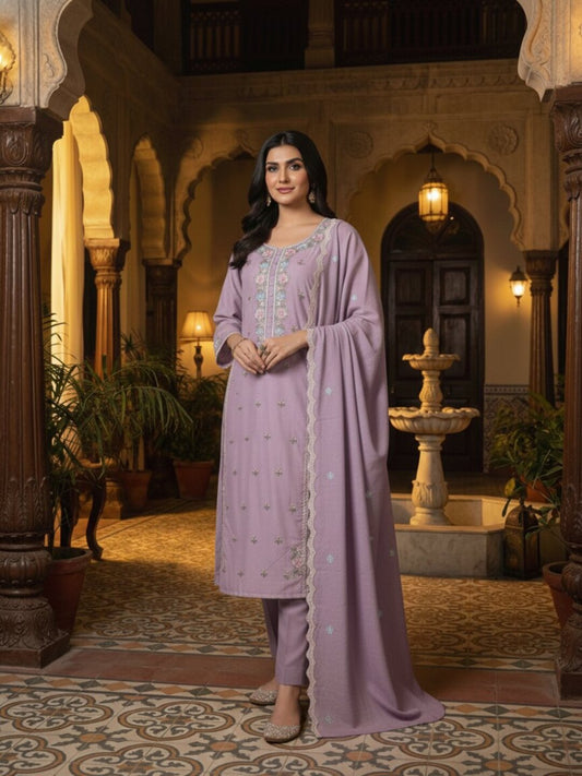 Women Ethnic Motifs Embroidered Regular Thread Work Chanderi Cotton Kurta with Trousers &