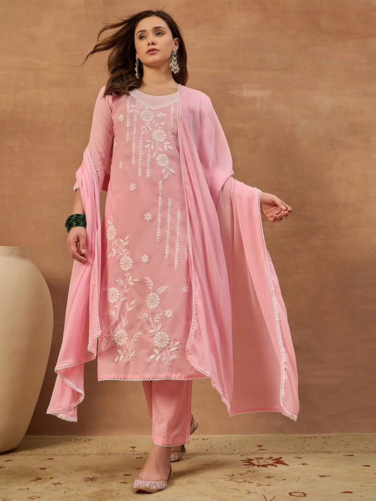 Women Floral Thread Embroidered Kurta & Trouser with Dupatta