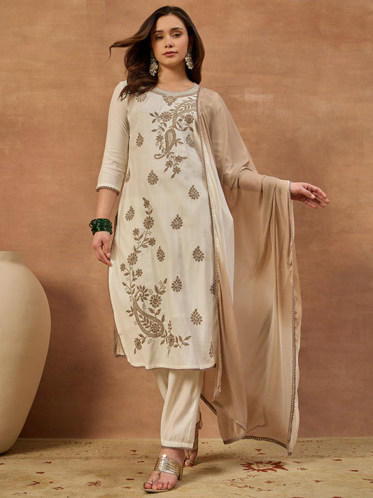 Women Ethnic Motifs Embroidered Regular Thread Work Chanderi Cotton Kurta with Trousers &