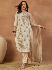 Women Ethnic Motifs Embroidered Regular Thread Work Chanderi Cotton Kurta with Trousers &