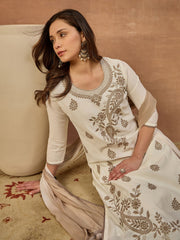 Women Ethnic Motifs Embroidered Regular Thread Work Chanderi Cotton Kurta with Trousers &
