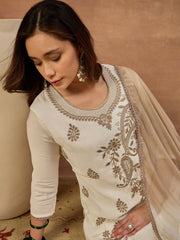 Women Ethnic Motifs Embroidered Regular Thread Work Chanderi Cotton Kurta with Trousers &