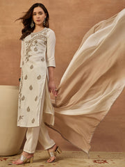 Women Ethnic Motifs Embroidered Regular Thread Work Chanderi Cotton Kurta with Trousers &