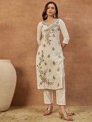 Women Ethnic Motifs Embroidered Regular Thread Work Chanderi Cotton Kurta with Trousers &