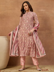 Women Ethnic Motifs Printed Regular Chanderi Cotton Kurta with Trousers & With Dupatta