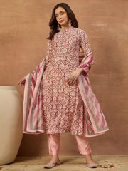 Women Ethnic Motifs Printed Regular Chanderi Cotton Kurta with Trousers & With Dupatta