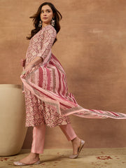 Women Ethnic Motifs Printed Regular Chanderi Cotton Kurta with Trousers & With Dupatta