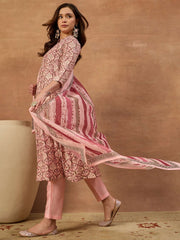 Women Ethnic Motifs Printed Regular Chanderi Cotton Kurta with Trousers & With Dupatta