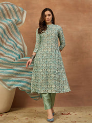 Women Ethnic Motifs Printed Regular Chanderi Cotton Kurta with Trousers & With Dupatta