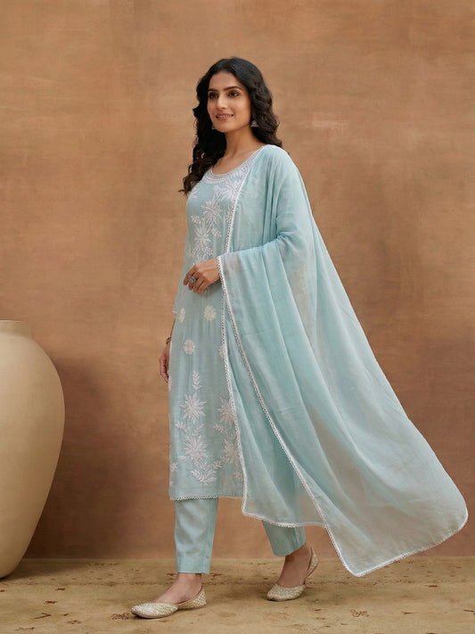 Women Floral Thread Embroidered Kurta & Trouser With Dupatta
