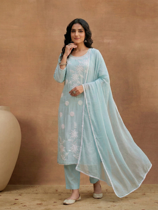 Women Floral Thread Embroidered Kurta & Trouser With Dupatta