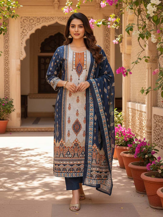 Women Ethnic Motifs Printed Regular Pure Cotton Kurta with Trousers & With Dupatta