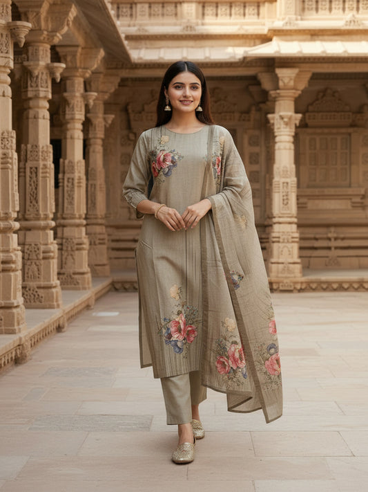 Women Floral Printed Regular Sequinned Pure Cotton Top with Trousers & With Dupatta