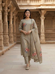 Women Floral Printed Regular Sequinned Pure Cotton Top with Trousers & With Dupatta