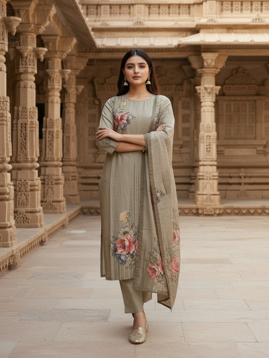 Women Floral Printed Regular Sequinned Pure Cotton Top with Trousers & With Dupatta