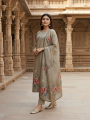 Women Floral Printed Regular Sequinned Pure Cotton Top with Trousers & With Dupatta
