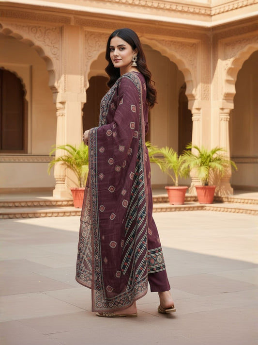 Women Ethnic Motifs Printed Regular Pure Cotton Kurta with Trousers & With Dupatta