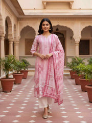Women Printed Regular Art Silk Kurta with Trousers & With Dupatta
