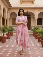 Women Printed Regular Art Silk Kurta with Trousers & With Dupatta