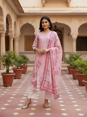 Women Printed Regular Art Silk Kurta with Trousers & With Dupatta