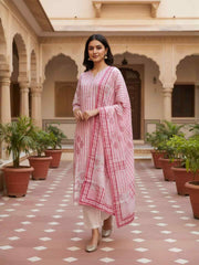 Women Printed Regular Art Silk Kurta with Trousers & With Dupatta