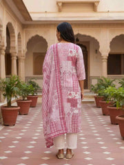Women Printed Regular Art Silk Kurta with Trousers & With Dupatta