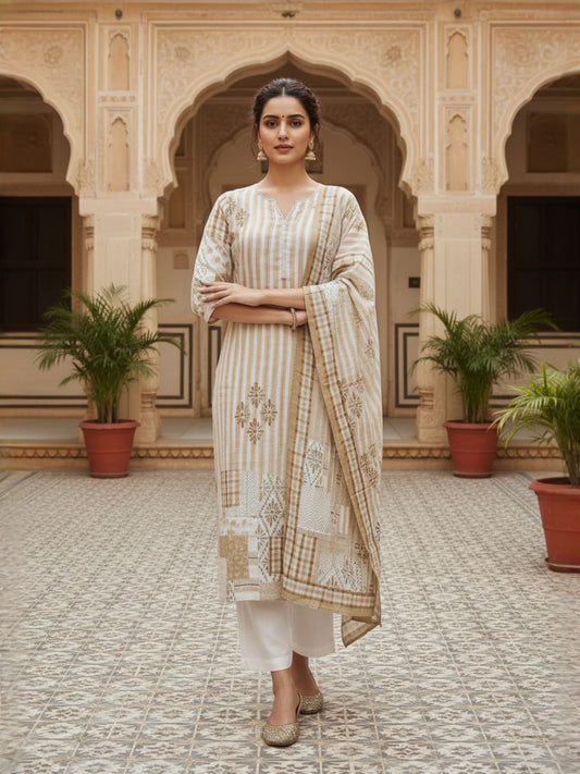 Women Printed Regular Art Silk Kurta with Trousers & With Dupatta