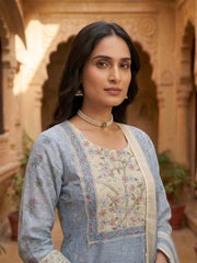 Women Floral Printed Regular Linen Kurta with Trousers & With Dupatta