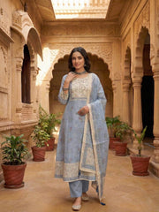 Women Floral Printed Regular Linen Kurta with Trousers & With Dupatta