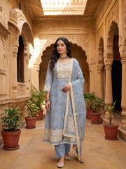 Women Floral Printed Regular Linen Kurta with Trousers & With Dupatta
