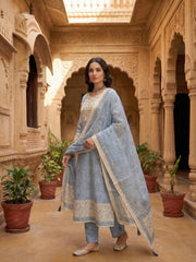 Women Floral Printed Regular Linen Kurta with Trousers & With Dupatta