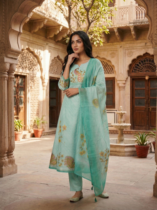 Women Animal Printed Sequinned Linen Kurta with Trousers & With Dupatta