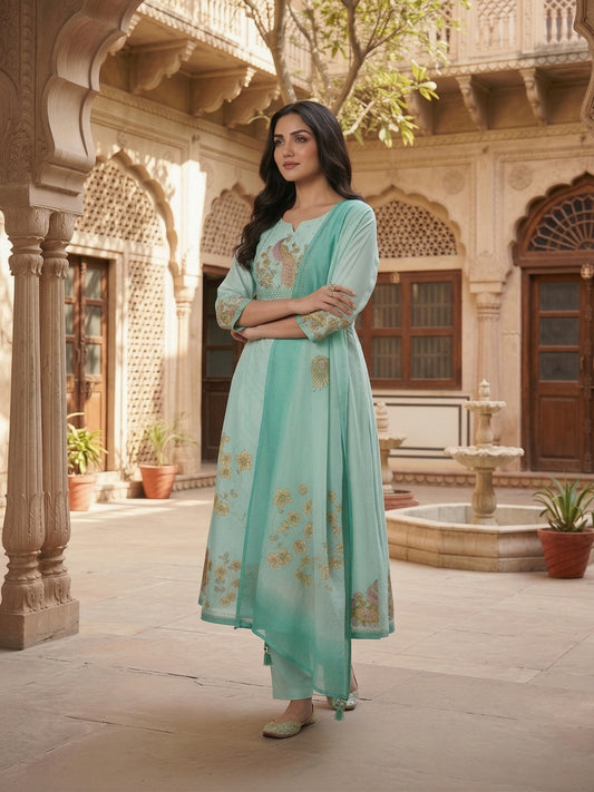 Women Animal Printed Sequinned Linen Kurta with Trousers & With Dupatta