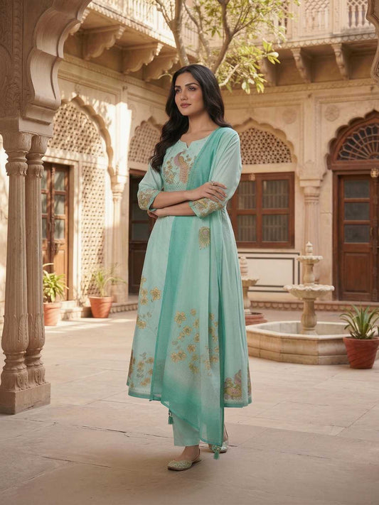 Women Animal Printed Sequinned Linen Kurta with Trousers & With Dupatta