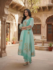 Women Animal Printed Sequinned Linen Kurta with Trousers & With Dupatta