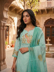 Women Animal Printed Sequinned Linen Kurta with Trousers & With Dupatta