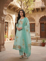 Women Animal Printed Sequinned Linen Kurta with Trousers & With Dupatta