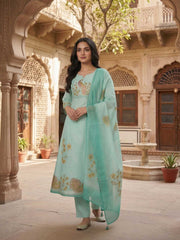 Women Animal Printed Sequinned Linen Kurta with Trousers & With Dupatta