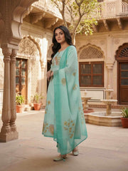 Women Animal Printed Sequinned Linen Kurta with Trousers & With Dupatta