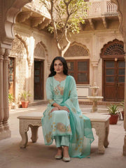 Women Animal Printed Sequinned Linen Kurta with Trousers & With Dupatta